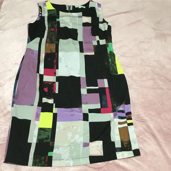 Cleo Petites Geometric Gray Purple Print Sheath Black Dress Sz 10 - Picture 1 of 11